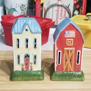 Vintage House & Barn Salt & Pepper Shakers- Friends & Freedom Theme